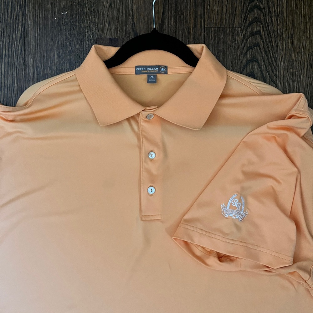 Peter Millar Polo Mens XL Summer Comfort Golf  Peach Boulder Ridge On Sleeve